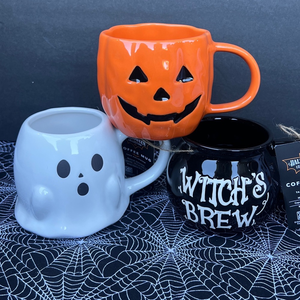 CROFTON Halloween Ceramic Ghost, and Witch's Brew Mugs